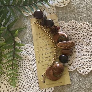 Vintage Hawaiian Good Luck Natural Nut Beaded Charm Bracelet Handmade